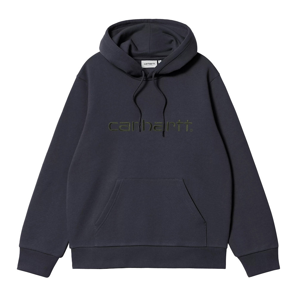 Felpa con cappuccio Carhartt WIP Hooded Carhartt Sweatshirt Dark Navy / Dark Scarab – vista frontale