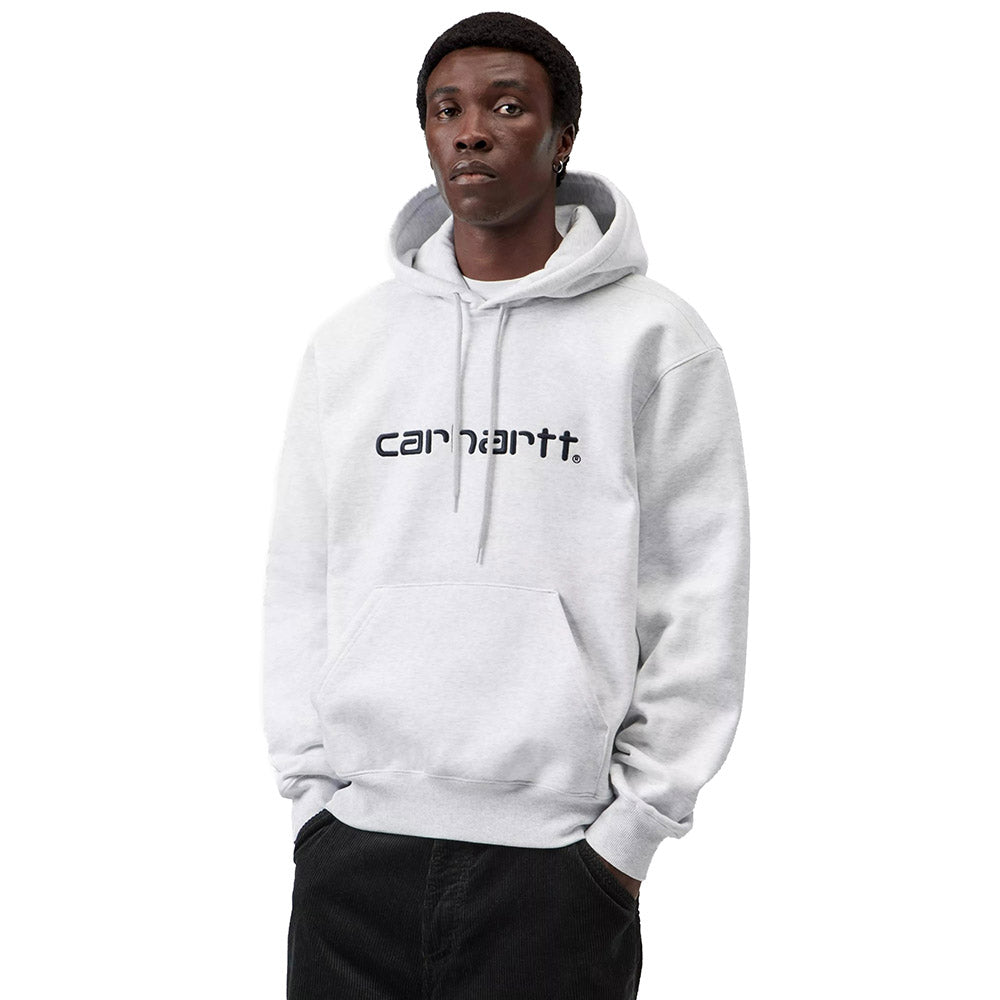 Felpa con cappuccio Carhartt WIP Hooded Carhartt Sweatshirt Ash Heather / Graphite – indossata vista frontale