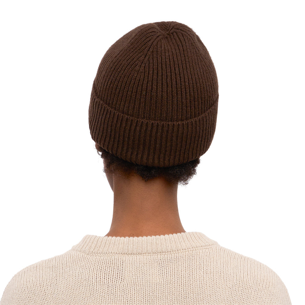 Colorful Standard Merino Wool Beanie Coffee Brown – worn by a female model, back view
