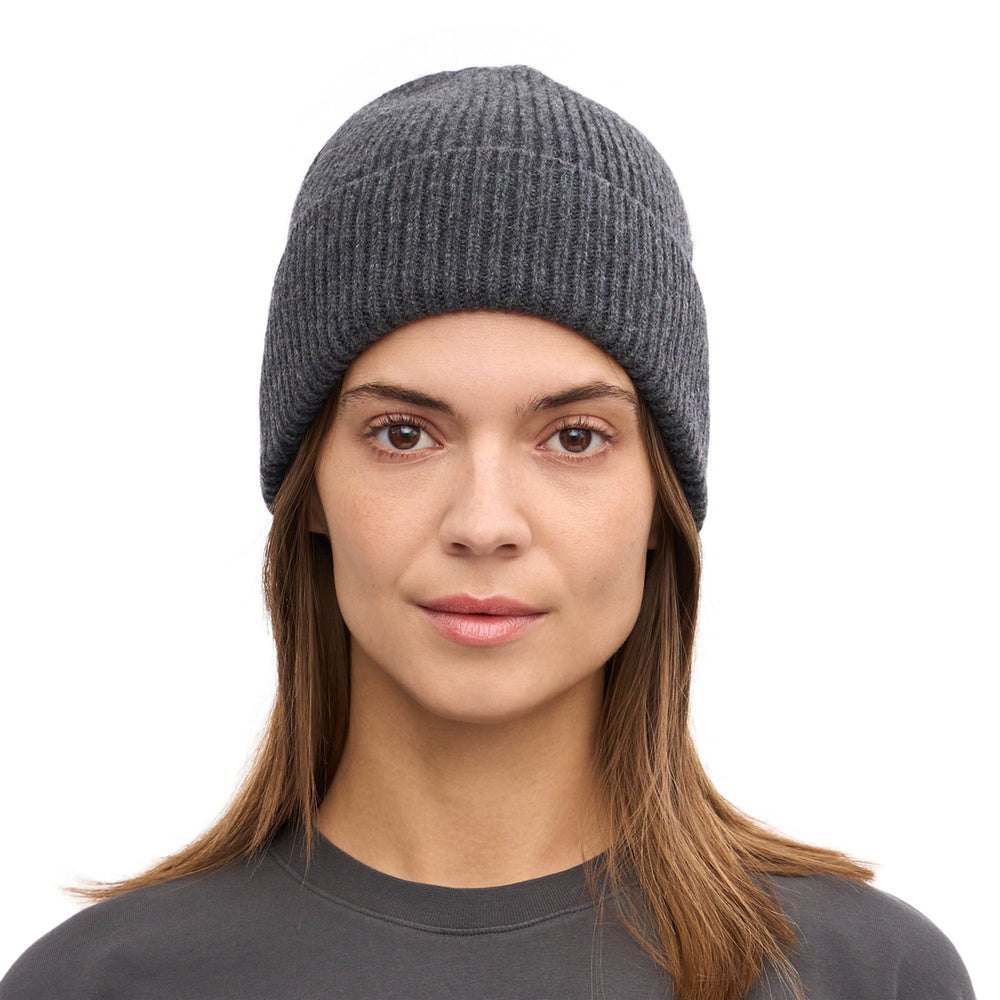 Colorful Standard Merino Wool Beanie Lava Grey – worn by a female model, front view