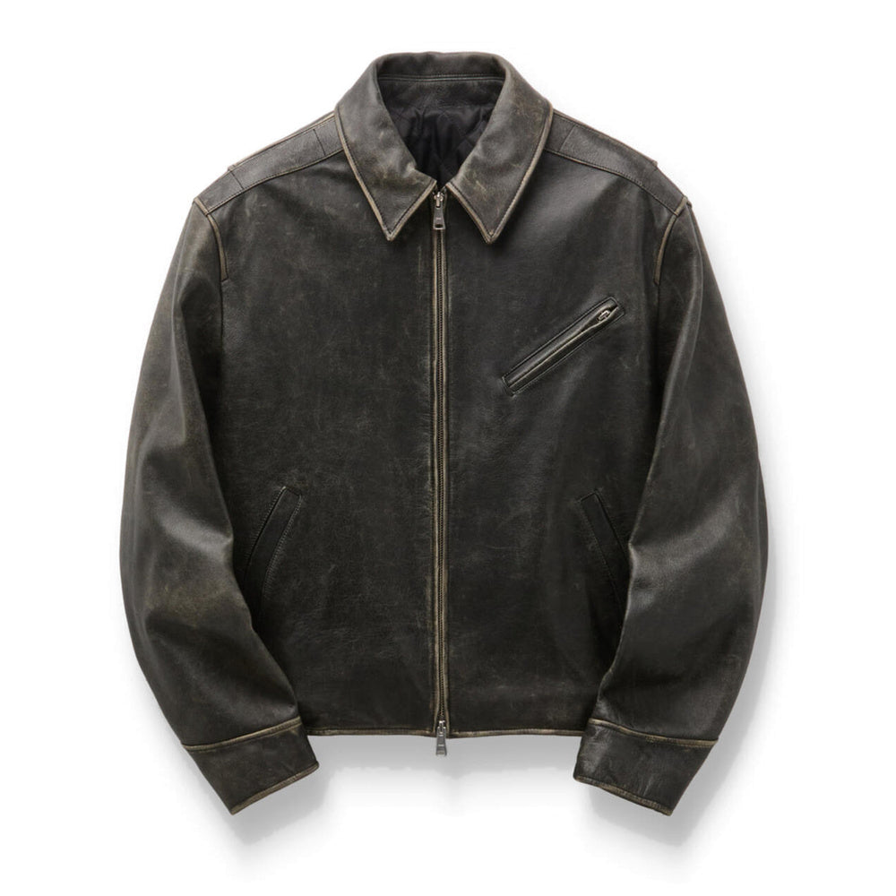 Giacca di pelle COOR Cow Washed Biker Leather Jacket Washed Black – vista frontale