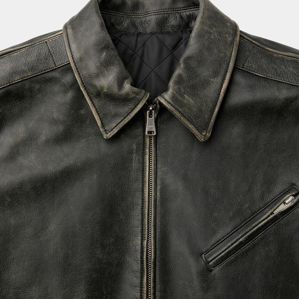 Giacca di pelle COOR Cow Washed Biker Leather Jacket Washed Black – dettaglio del colletto e della zip