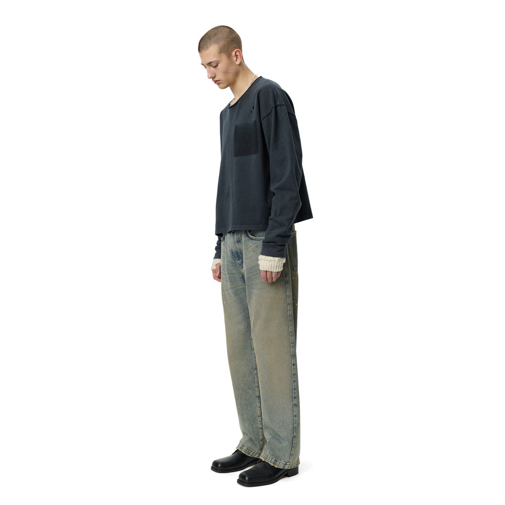 mfpen Rolled Neck LS Tee Destroyed Grey – worn, three-quarter view