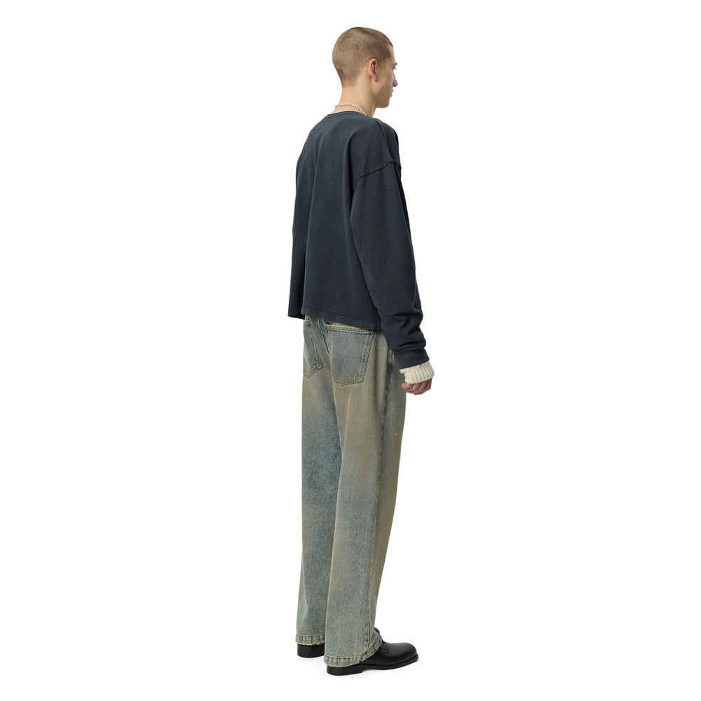 mfpen Rolled Neck LS Tee Destroyed Grey – worn, back view