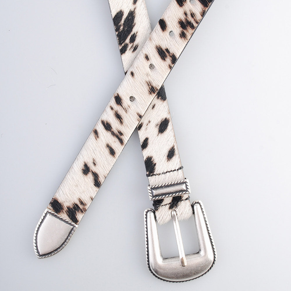 Cintura Molebo Cow Pony Hair Western Buckle Belt White/Brown – incrociata, dettaglio della fibbia e del puntale