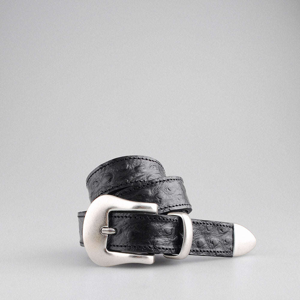 Cintura Molebo Western Buckle Ostrich-Effect Leather Belt Black – arrotolata, vista di tre quarti