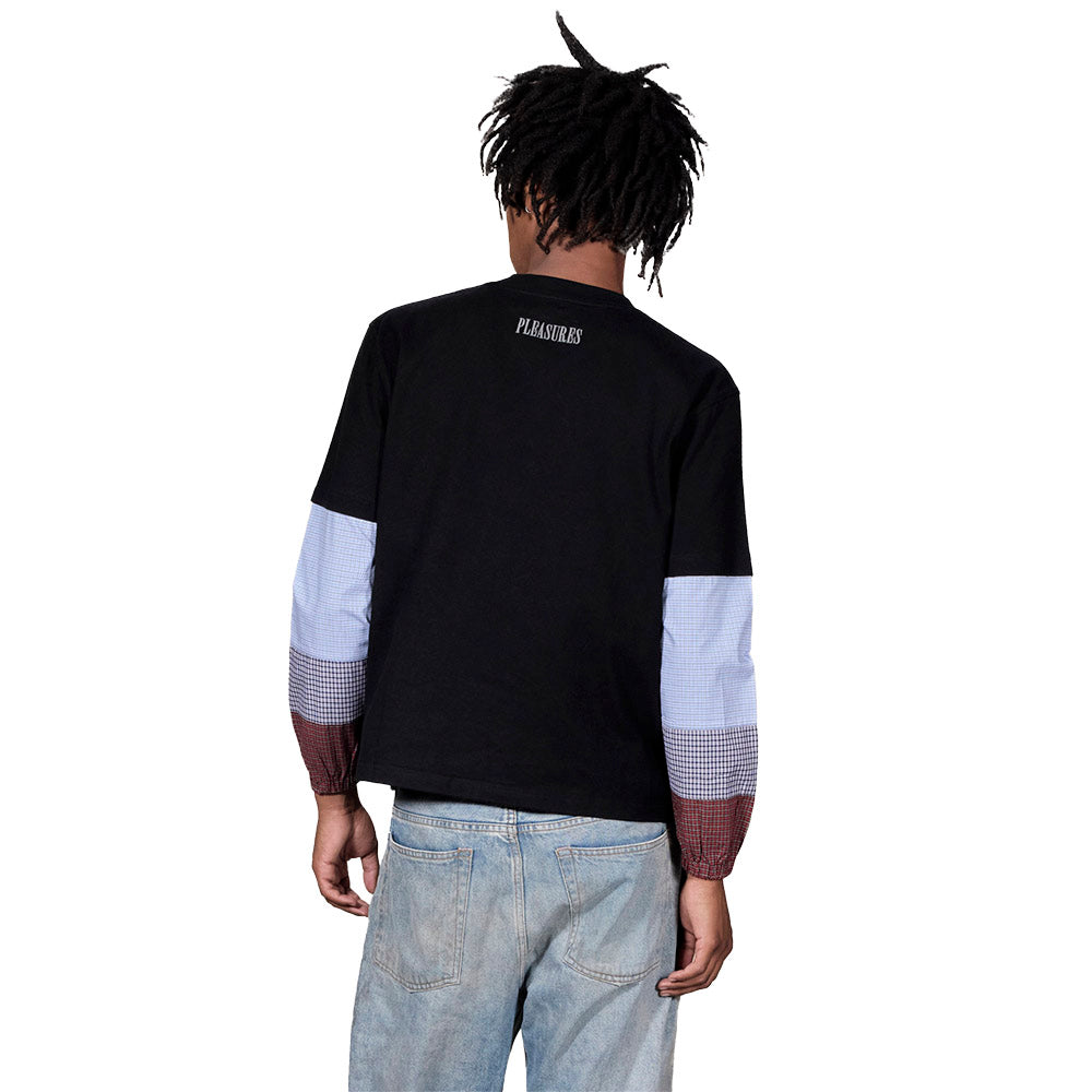 T-shirt PLEASURES Tartan Heavyweight Long Sleeve Black – indossata vista posteriore