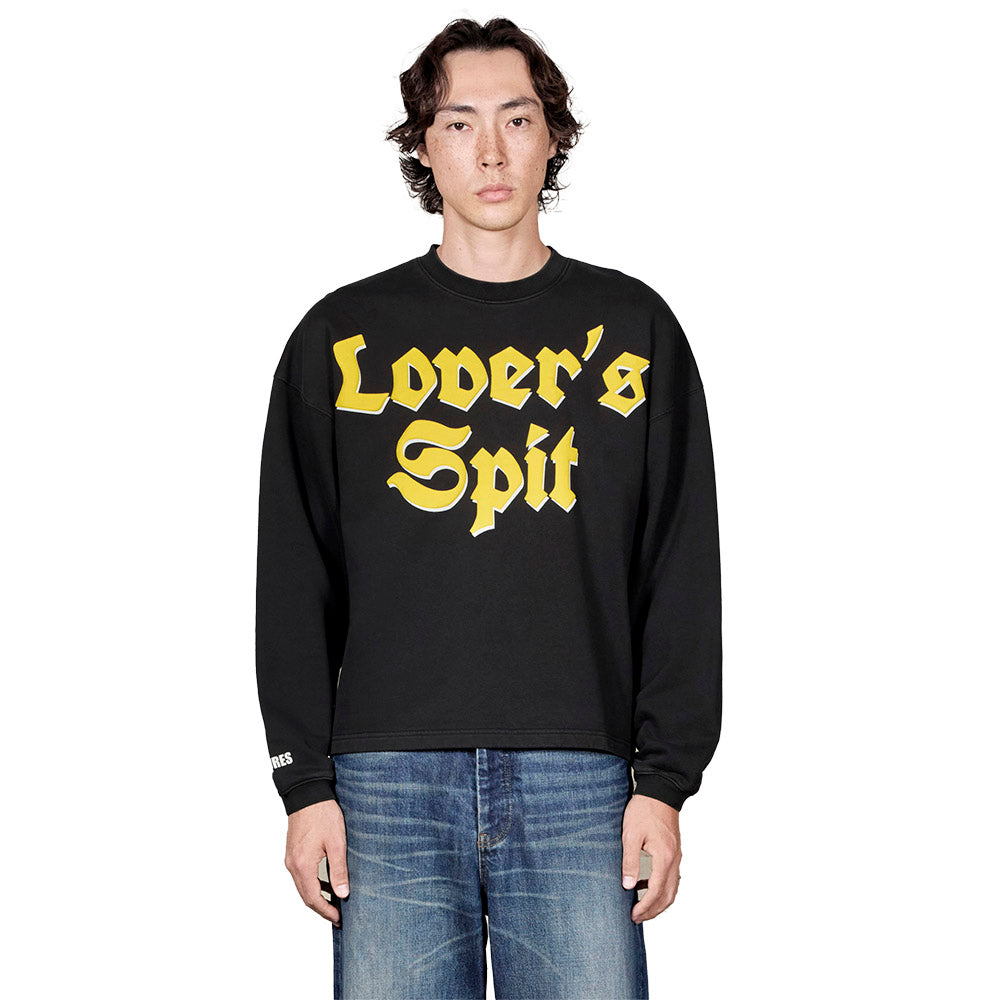 Felpa PLEASURES Spit Crewneck Black – indossata vista frontale