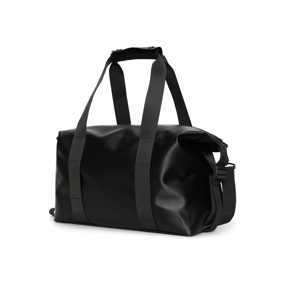 Rains Hilo Weekend Bag Small Black Satin – three-quarter view