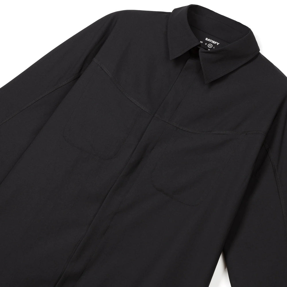 Camicia Satisfy AmbientWarp River Shirt Black – dettaglio del colletto e del davanti