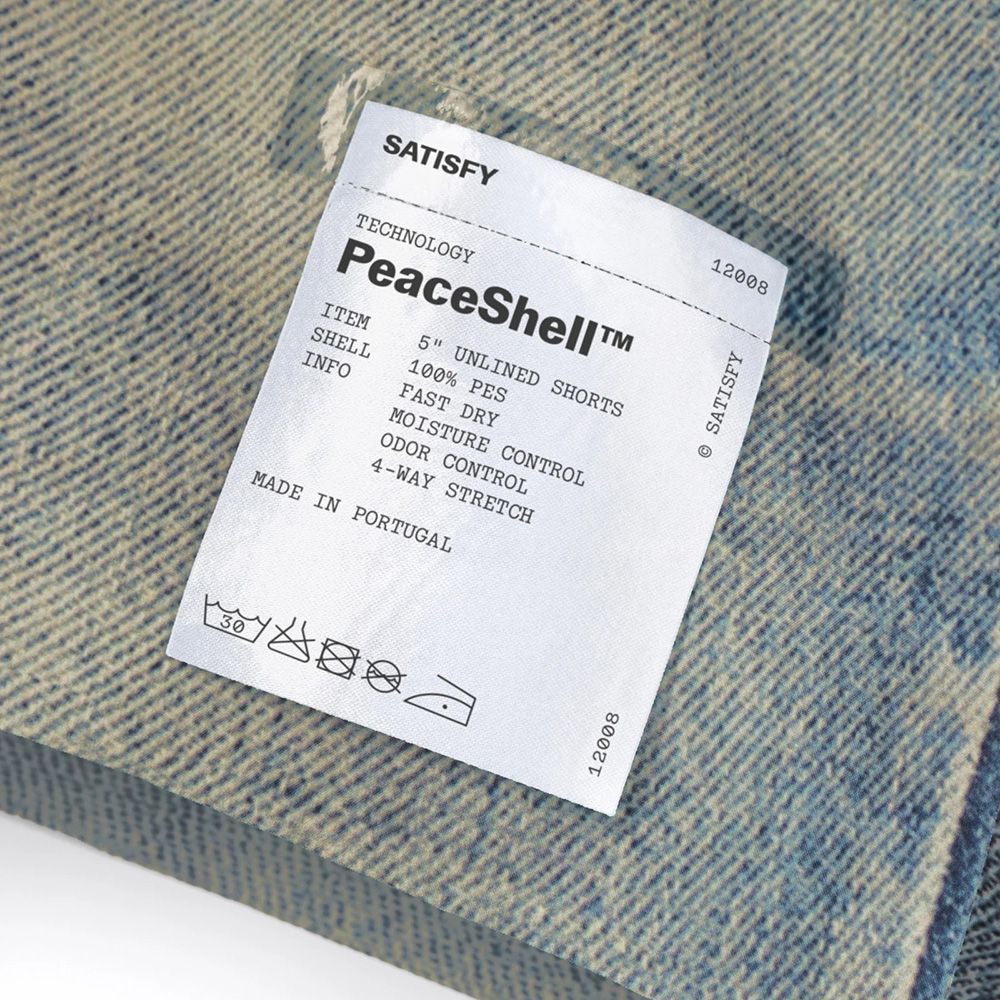 Satisfy AmbientWarp 5" Unlined Shorts Digital Denim – external label detail